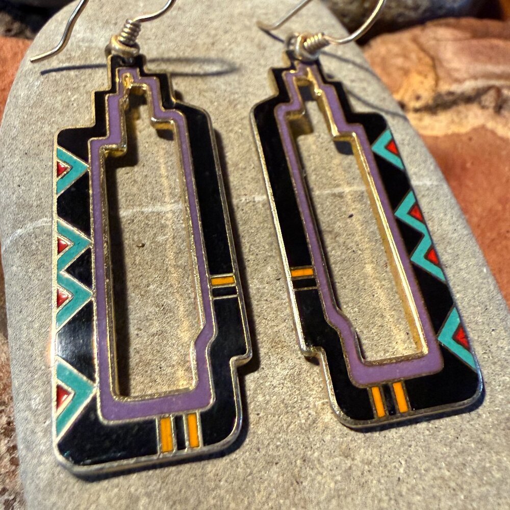 Laurel Burch Southwest New Mexico Cloissoné Earrings Black Red Green Gold 1980s